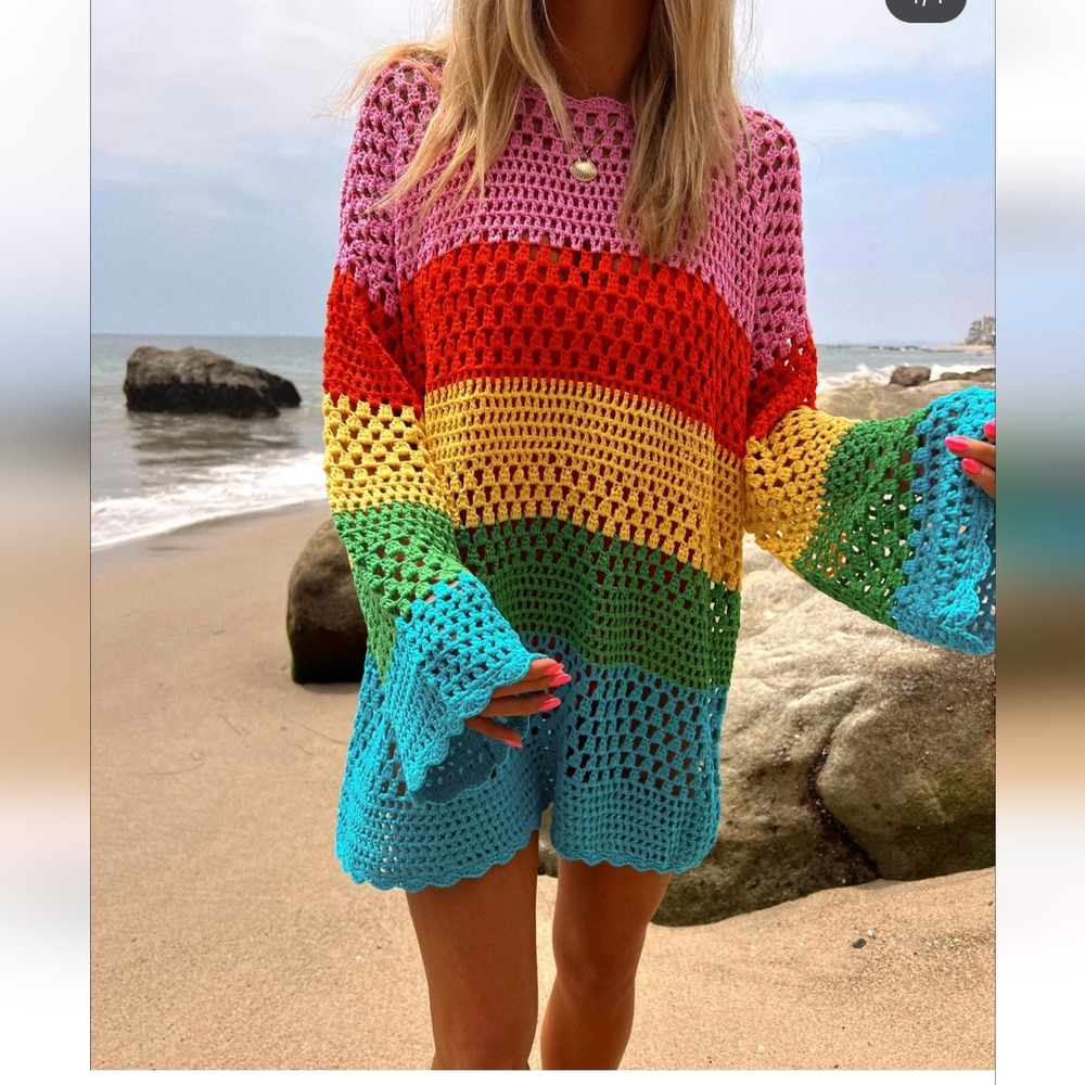BNWT Show Me Your Mumu Paula Pullover Bright Stripe Rainbow - Picture 3 of 7